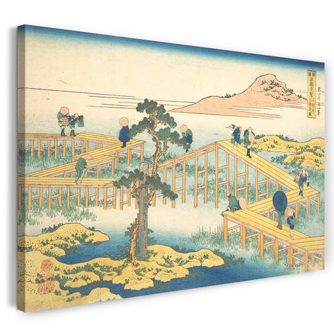 Leinwandbild Katsushika Hokusai - Alte Ansicht von Yatsuhashi in der Provinz Mikawa (Mikawa no Yatsuhashi no kozu), aus der Serie Bemerkenswerte Ansichten von Brücken in verschiedenen Provinzen (Shokoku meikyō kiran)