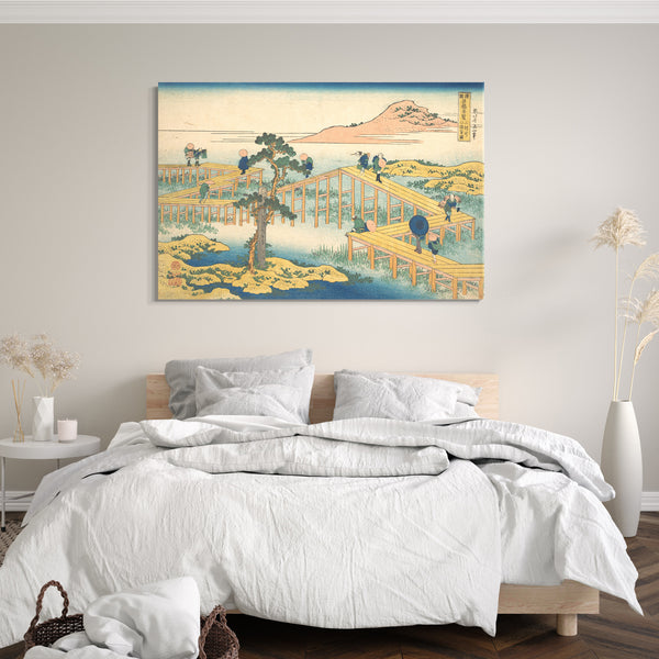 Leinwandbild Katsushika Hokusai - Alte Ansicht von Yatsuhashi in der Provinz Mikawa (Mikawa no Yatsuhashi no kozu), aus der Serie Bemerkenswerte Ansichten von Brücken in verschiedenen Provinzen (Shokoku meikyō kiran)