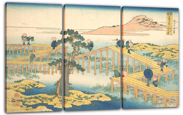 Leinwandbild Katsushika Hokusai - Alte Ansicht von Yatsuhashi in der Provinz Mikawa (Mikawa no Yatsuhashi no kozu), aus der Serie Bemerkenswerte Ansichten von Brücken in verschiedenen Provinzen (Shokoku meikyō kiran)