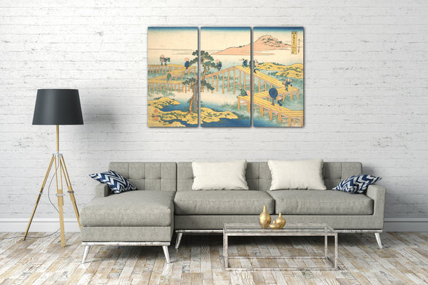 Leinwandbild Katsushika Hokusai - Alte Ansicht von Yatsuhashi in der Provinz Mikawa (Mikawa no Yatsuhashi no kozu), aus der Serie Bemerkenswerte Ansichten von Brücken in verschiedenen Provinzen (Shokoku meikyō kiran)