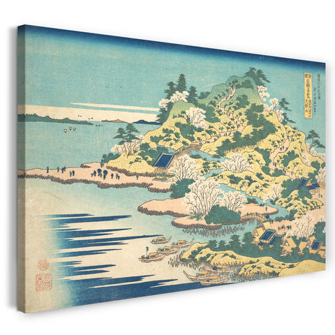 Leinwandbild Katsushika Hokusai - Tenpōzan an der Mündung des Aji in der Settsu Provinz (Sesshū Ajikawaguchi Tenpōzan), aus der Serie Bemerkenswerte Ansichten von Brücken in verschiedenen Provinzen (Shokoku meikyō kiran)