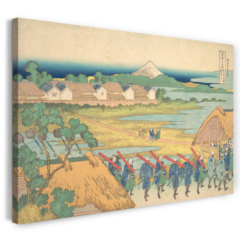 Leinwandbild Katsushika Hokusai - Fuji gesehen in der Entfernung vom Senju Vergnügungsviertel (Senju kagai yori chōbō kein Fuji), von der Reihe Sechsunddreißig Ansichten des Berges Fuji (Fugaku sanjūrokkei)