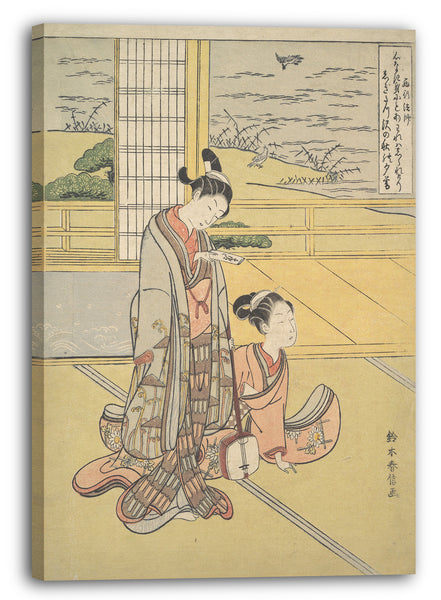 Leinwandbild Suzuki Harunobu - Ein junger Mann und eine Frau mit einem Shamisen; Mönch Saigyō, aus einer Serie, die auf die Drei Abendgedichte (Sanseki waka) anspielt