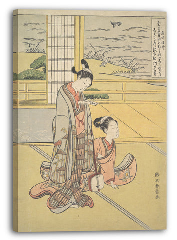 Leinwandbild Suzuki Harunobu - Ein junger Mann und eine Frau mit einem Shamisen; Mönch Saigyō, aus einer Serie, die auf die Drei Abendgedichte (Sanseki waka) anspielt