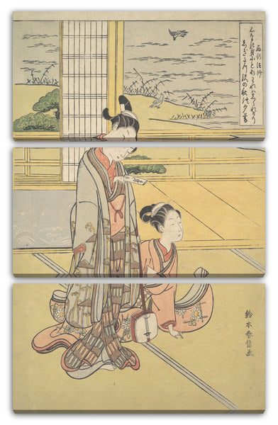 Leinwandbild Suzuki Harunobu - Ein junger Mann und eine Frau mit einem Shamisen; Mönch Saigyō, aus einer Serie, die auf die Drei Abendgedichte (Sanseki waka) anspielt