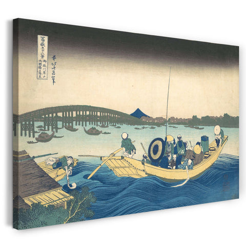 Leinwandbild Katsushika Hokusai - Den Sonnenuntergang über der Ryōgoku-Brücke vom Onmaya-Kai aus betrachten (Onmayagashi yori Ryōgokubashi sekiyō o miru), aus der Serie Sechsunddreißig Ansichten des Berges Fuji (Fugaku sanjūrokkei)