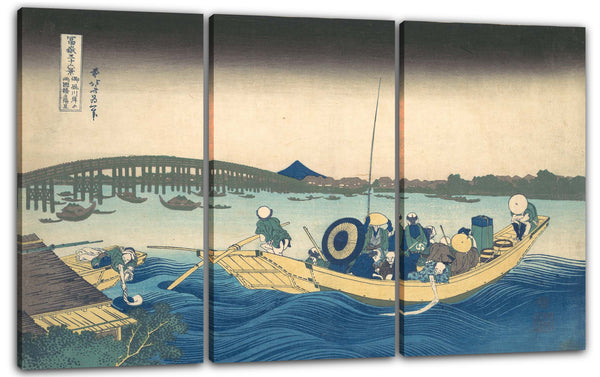 Leinwandbild Katsushika Hokusai - Den Sonnenuntergang über der Ryōgoku-Brücke vom Onmaya-Kai aus betrachten (Onmayagashi yori Ryōgokubashi sekiyō o miru), aus der Serie Sechsunddreißig Ansichten des Berges Fuji (Fugaku sanjūrokkei)