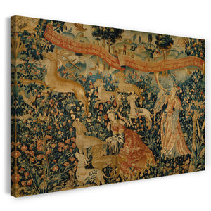 Leinwandbild ca. 1500-1525 - Eitelkeit ertönt das Horn und Ignoranz entfesselt die Hunde Selbstüberschätzung, Unerschrockenheit und Verlangen (von der Jagd des schwachen Hirschs)