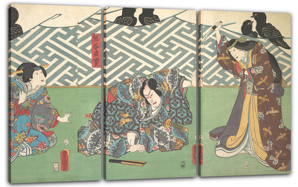 Leinwandbild Utagawa Kunisada - Drei Schauspieler auf der Bühne: Kumagai Naozane