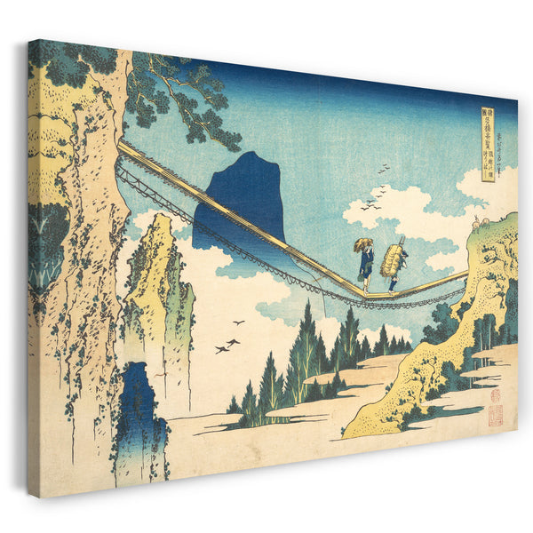 Leinwandbild Katsushika Hokusai - Die Hängebrücke an der Grenze der Hida und Etchū Provinzen (Hietsu no sakai tsuribashi), aus der Serie Bemerkenswerte Ansichten von Brücken in verschiedenen Provinzen (Shokoku meikyō kiran)