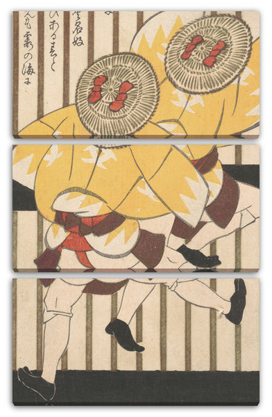Leinwandbild Yashima Gakutei - Zwei Männer, die gelbe Mäntel und Strohhüte mit roten Bögen tragen