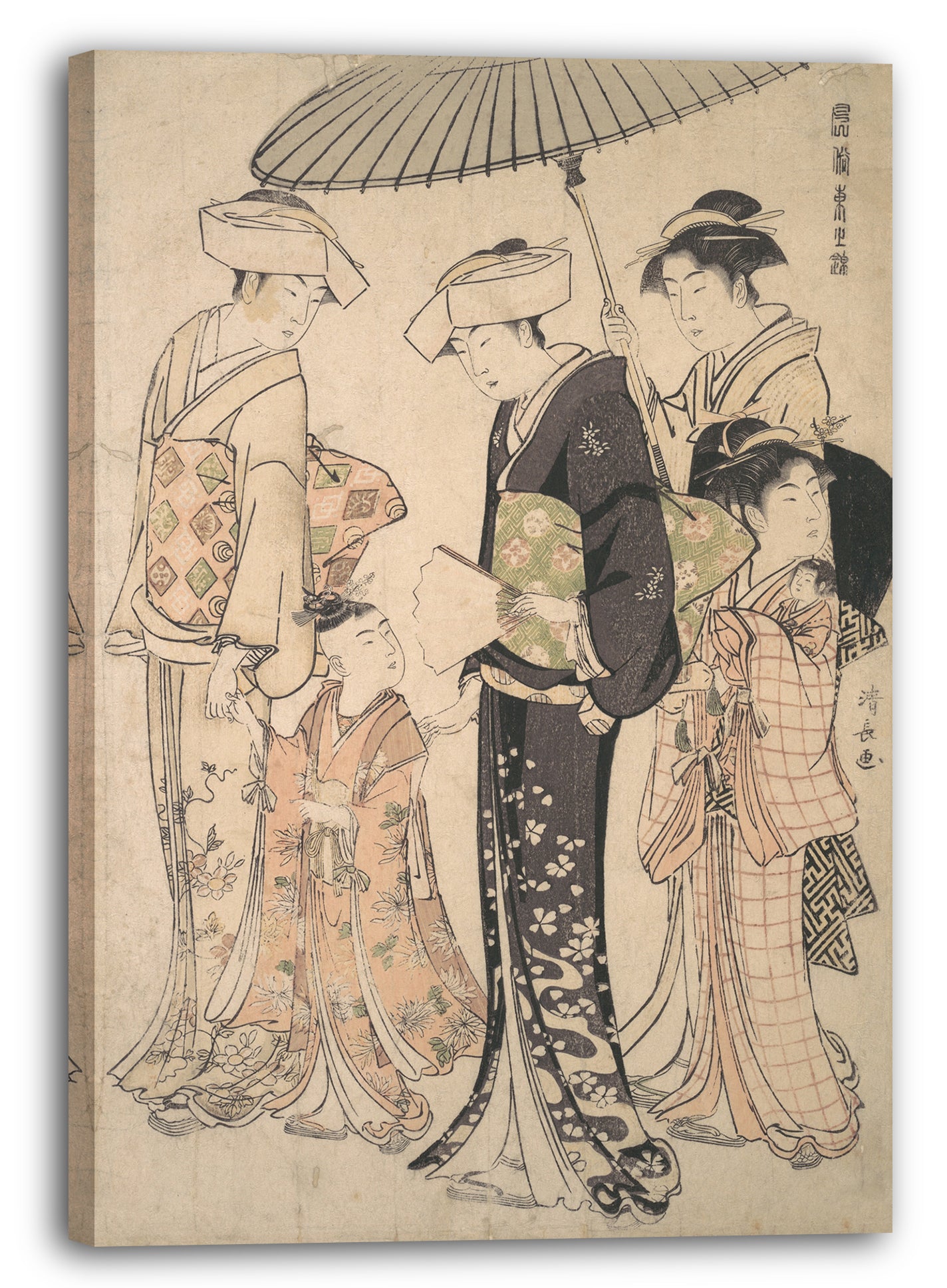 Leinwandbild Torii Kiyonaga - Zwei Frauen im Sommer-Kostüm, die ein junges Mädchen zu einem Shinto-Tempel für die Miyamairi-Zeremonie mitnehmen