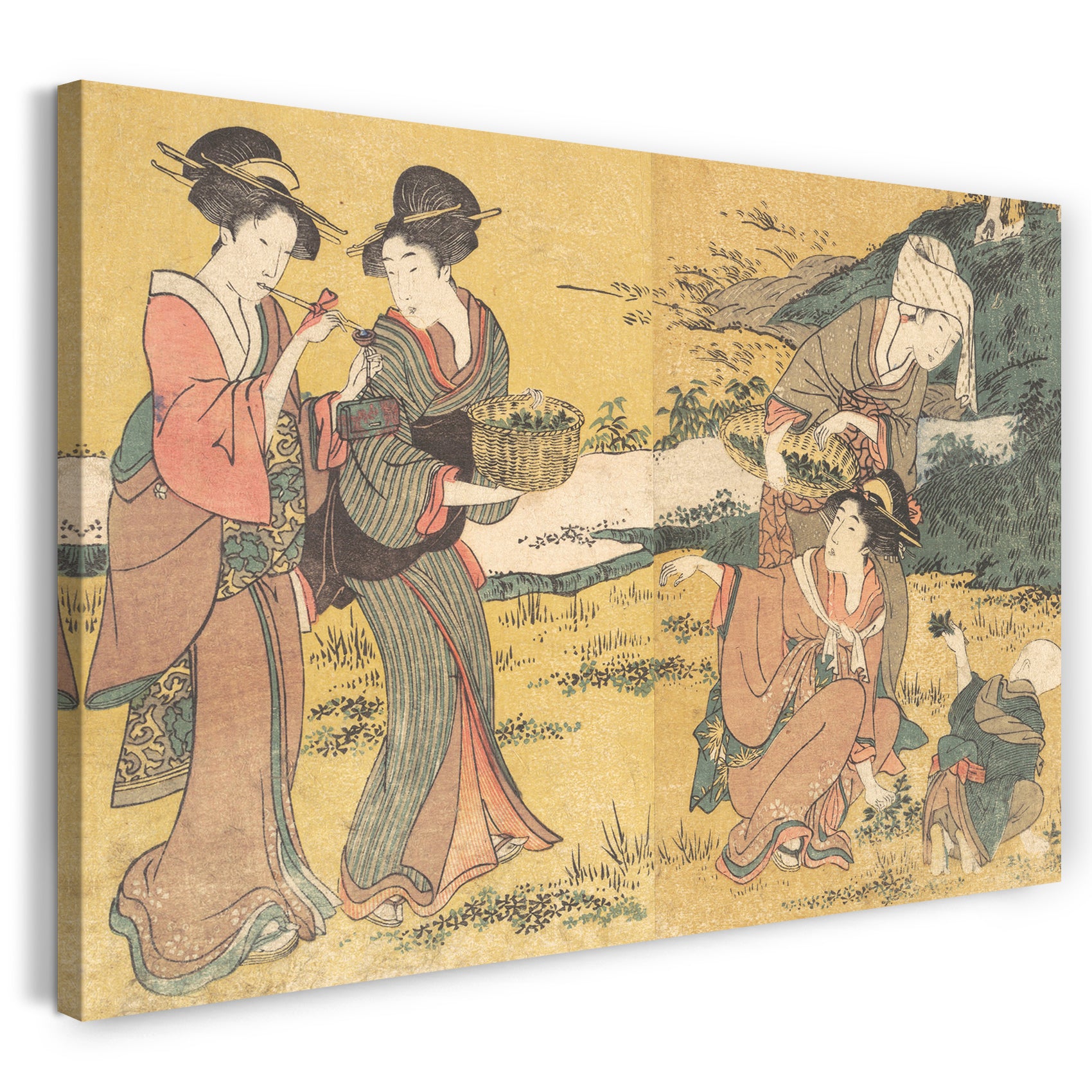 Leinwandbild Kitagawa Utamaro - Mädchen, die grüne Blätter sammeln, aus dem Bildband "Blumen der vier Jahreszeiten"