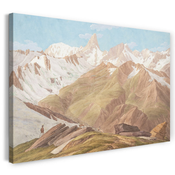 Leinwandbild Jean-Antoine Linck - Blick auf das Mont Blanc-Massiv in der Nähe von "Petit Jorasse, Grand Jorasse, Le Géant" mit den "Glacier des Périades et Jorasse" und dem "Glacier de la Venval" vom "Col de Fenêtre près du Gd. St. Bernard "