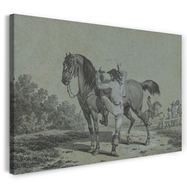 Leinwandbild Jacques François Joseph Swebach - Mann, der ein Pferd anbringt