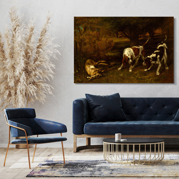 Leinwandbild Gustave Courbet - Jagdhunde mit totem Hasen