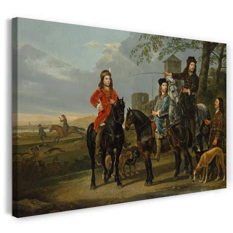 Leinwandbild Aelbert Cuyp - Reiterporträt von Cornelis (1639-1680) und Michiel Pompe van Meerdervoort (1638-1653) mit ihrem Lehrer und Kutscher ("Start für die Jagd")