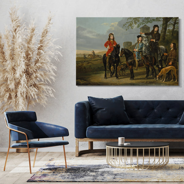 Leinwandbild Aelbert Cuyp - Reiterporträt von Cornelis (1639-1680) und Michiel Pompe van Meerdervoort (1638-1653) mit ihrem Lehrer und Kutscher ("Start für die Jagd")