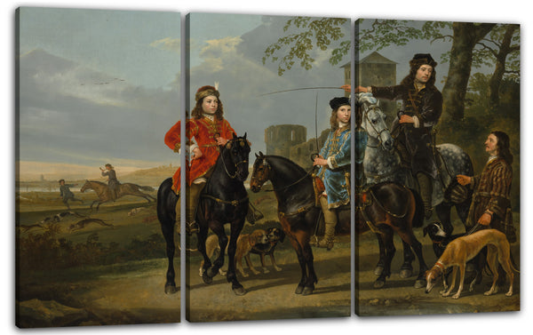 Leinwandbild Aelbert Cuyp - Reiterporträt von Cornelis (1639-1680) und Michiel Pompe van Meerdervoort (1638-1653) mit ihrem Lehrer und Kutscher ("Start für die Jagd")