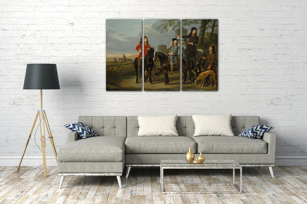 Leinwandbild Aelbert Cuyp - Reiterporträt von Cornelis (1639-1680) und Michiel Pompe van Meerdervoort (1638-1653) mit ihrem Lehrer und Kutscher ("Start für die Jagd")