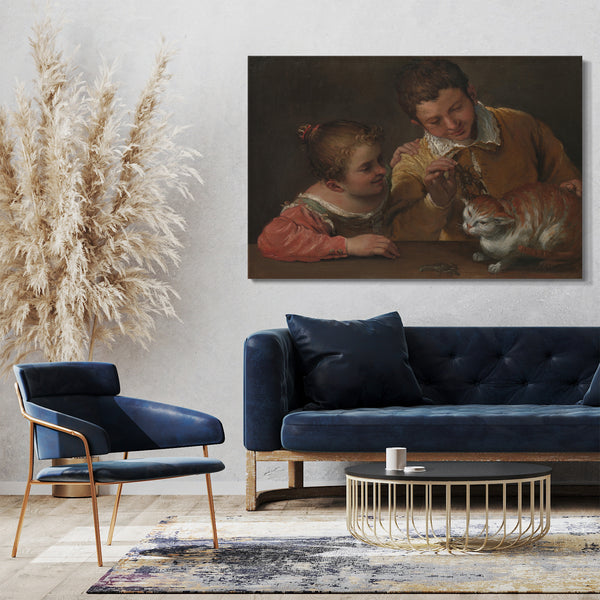 Leinwandbild Annibale Carracci - Zwei Kinder, die eine Katze necken