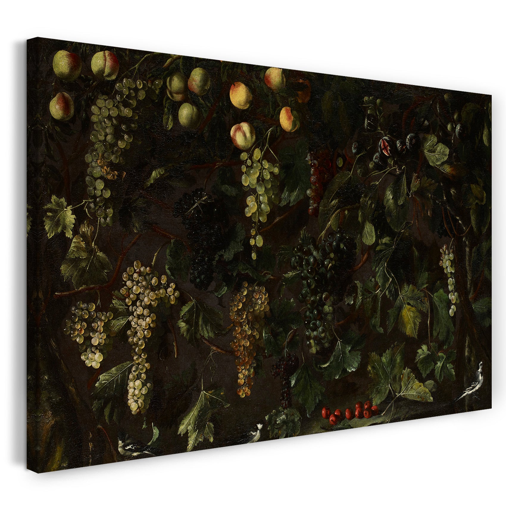 Leinwandbild Bartolomeo Cavarozzi - Weinreben und Obst, mit drei Stelzen