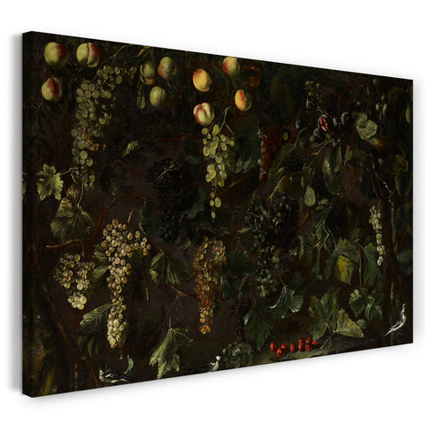 Leinwandbild Bartolomeo Cavarozzi - Weinreben und Obst, mit drei Stelzen