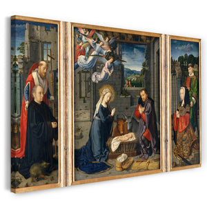 Leinwandbild Gerard David - Die Geburt Christi mit Stiftern und den Heiligen Jerome und Leonard