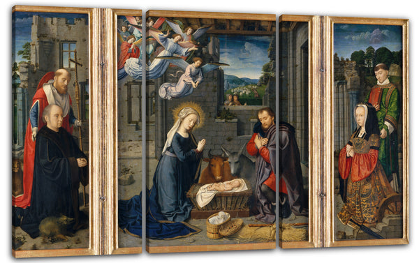 Leinwandbild Gerard David - Die Geburt Christi mit Stiftern und den Heiligen Jerome und Leonard