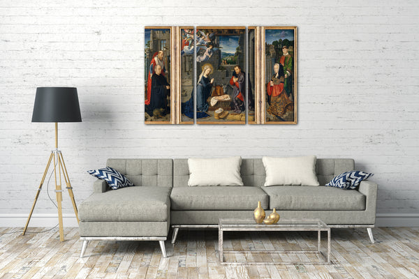 Leinwandbild Gerard David - Die Geburt Christi mit Stiftern und den Heiligen Jerome und Leonard