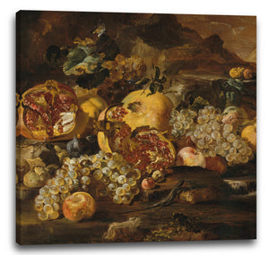 Leinwandbild Abraham Brueghel - Granatäpfel und anderes Obst in einer Landschaft