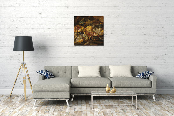 Leinwandbild Abraham Brueghel - Granatäpfel und anderes Obst in einer Landschaft