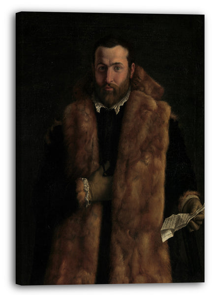 Leinwandbild Italienischer (Lombard) Maler (ca. 1540) - Portrait eines Mannes in einem Pelz-getrimmten Mantel