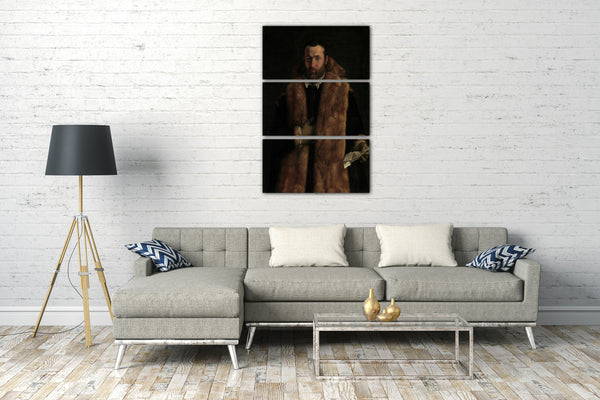 Leinwandbild Italienischer (Lombard) Maler (ca. 1540) - Portrait eines Mannes in einem Pelz-getrimmten Mantel