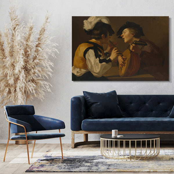 Top-Angebot Kunstdruck Holländischer Maler (Utrecht Caravaggist), 17. Jahrhundert - Zwei Musiker Leinwand auf Keilrahmen gespannt