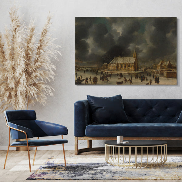 Top-Angebot Kunstdruck Johannes Abrahamsz Beerstraten - Schlittschuhlaufen in Sloten, in der Nähe von Amsterdam Leinwand auf Keilrahmen gespannt