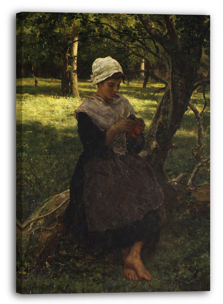 Top-Angebot Kunstdruck Jules Breton - Ein Bauern-Mädchen strickt Leinwand auf Keilrahmen gespannt