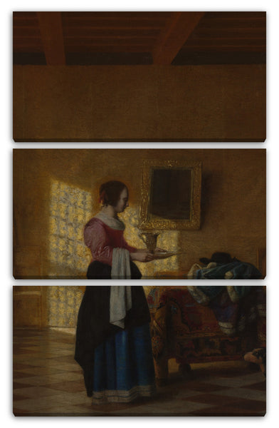 Leinwandbild Pieter de Hooch - Frau mit einem Wasserkrug und einem Mann an einem Bett ("Das Dienstmädchen")