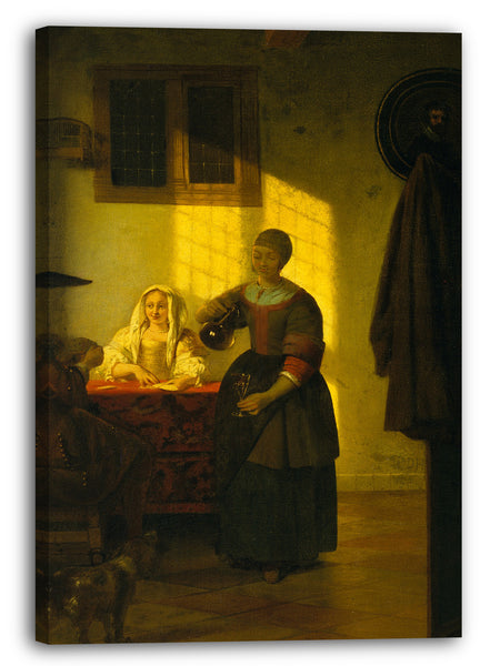Leinwandbild Pieter de Hooch - Ein paar Spielkarten, mit einer bedienenden Frau