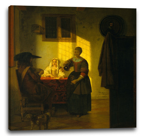 Leinwandbild Pieter de Hooch - Ein paar Spielkarten, mit einer bedienenden Frau