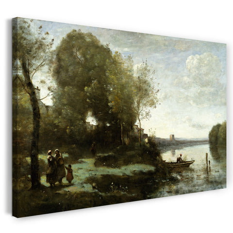 Top-Angebot Kunstdruck Camille Corot - Fluss mit einem entfernten Turm Leinwand auf Keilrahmen gespannt