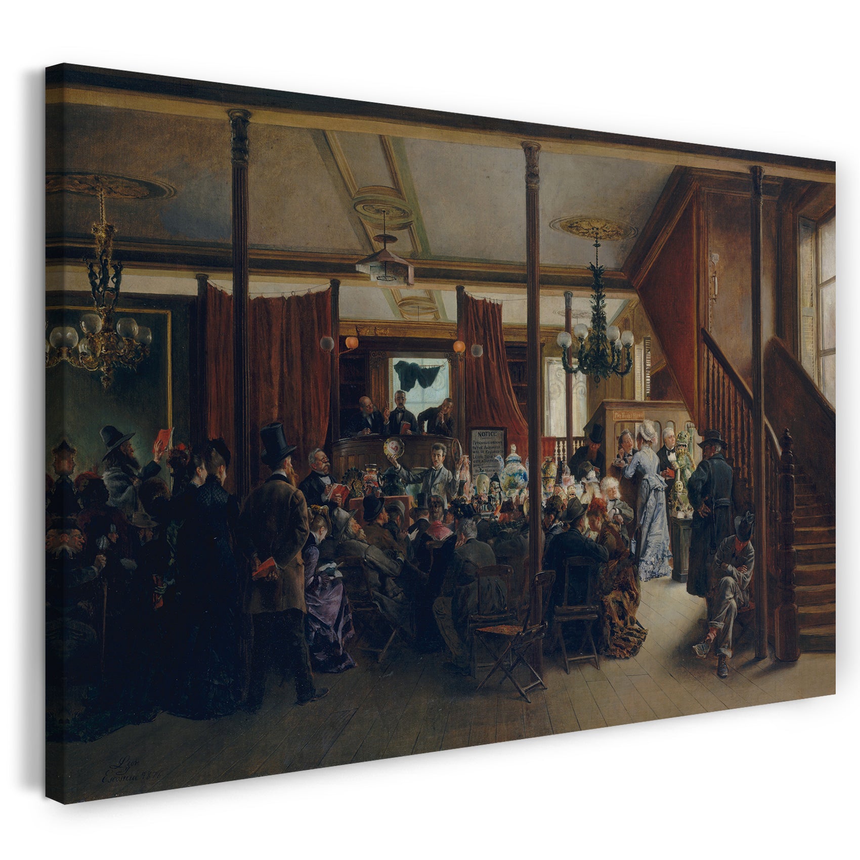 Top-Angebot Kunstdruck Ignacio de León und Escosura - Auktionsverkauf in Clinton Hall, New York, 1876 Leinwand auf Keilrahmen gespannt