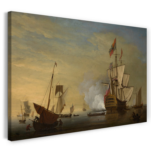 Top-Angebot Kunstdruck Peter Monamy - Hafen-Szene: Ein englisches Schiff mit gesenkten Segeln, das eine Kanone abfeuert Leinwand auf Keilrahmen gespannt