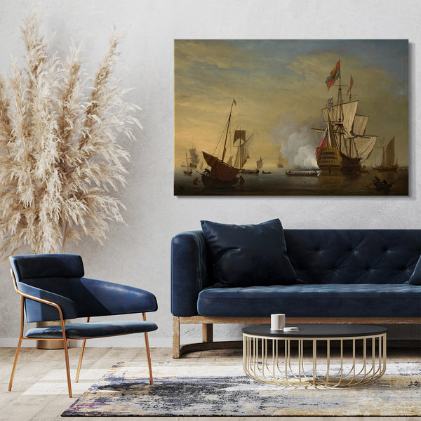 Top-Angebot Kunstdruck Peter Monamy - Hafen-Szene: Ein englisches Schiff mit gesenkten Segeln, das eine Kanone abfeuert Leinwand auf Keilrahmen gespannt