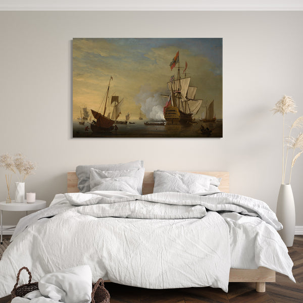 Top-Angebot Kunstdruck Peter Monamy - Hafen-Szene: Ein englisches Schiff mit gesenkten Segeln, das eine Kanone abfeuert Leinwand auf Keilrahmen gespannt