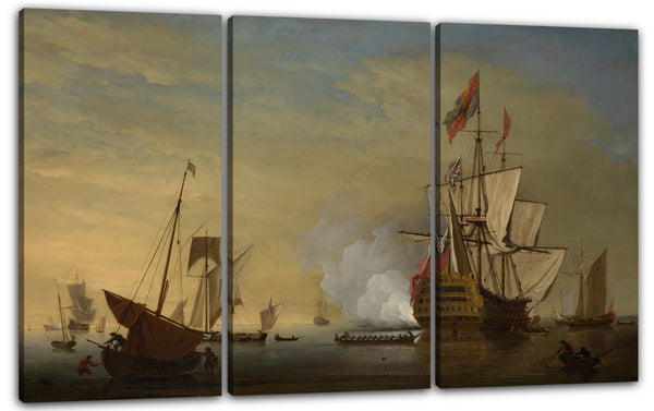 Leinwandbild Peter Monamy - Hafen-Szene: Ein englisches Schiff mit gesenkten Segeln, das eine Kanone abfeuert