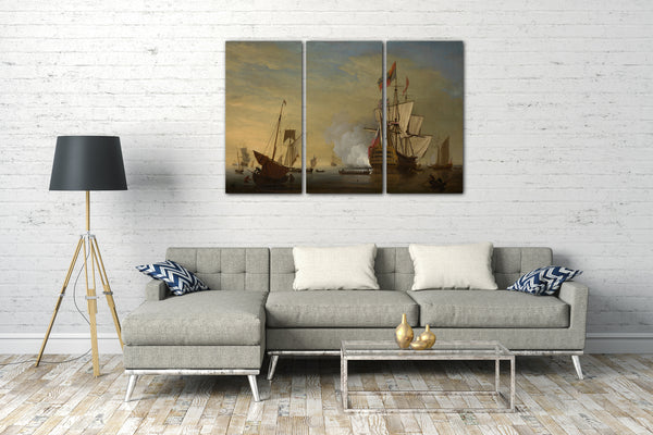 Top-Angebot Kunstdruck Peter Monamy - Hafen-Szene: Ein englisches Schiff mit gesenkten Segeln, das eine Kanone abfeuert Leinwand auf Keilrahmen gespannt