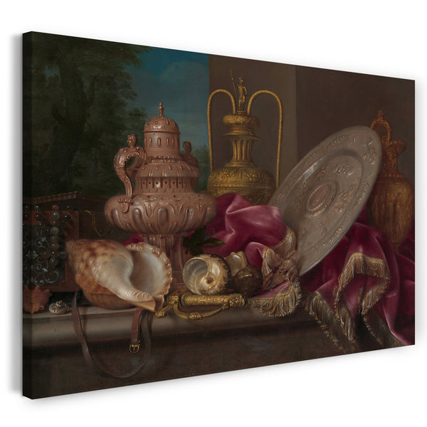Top-Angebot Kunstdruck Meiffren Conte - Stillleben mit Silber- und Goldplatte, Muscheln und einem Schwert Leinwand auf Keilrahmen gespannt