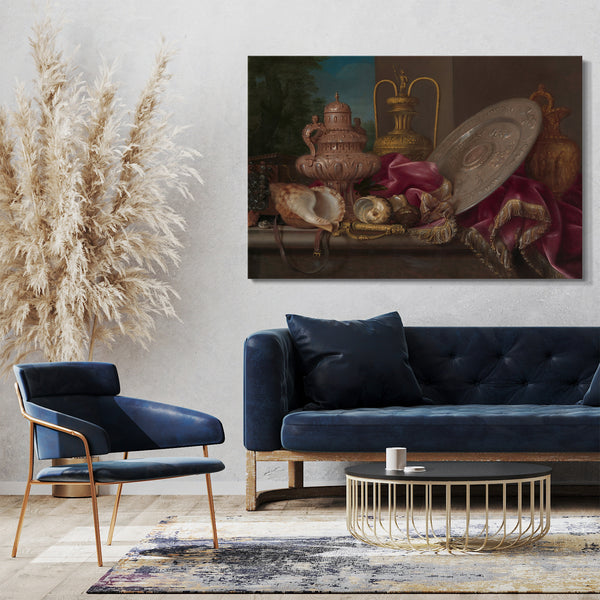Top-Angebot Kunstdruck Meiffren Conte - Stillleben mit Silber- und Goldplatte, Muscheln und einem Schwert Leinwand auf Keilrahmen gespannt