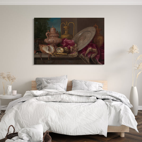 Top-Angebot Kunstdruck Meiffren Conte - Stillleben mit Silber- und Goldplatte, Muscheln und einem Schwert Leinwand auf Keilrahmen gespannt